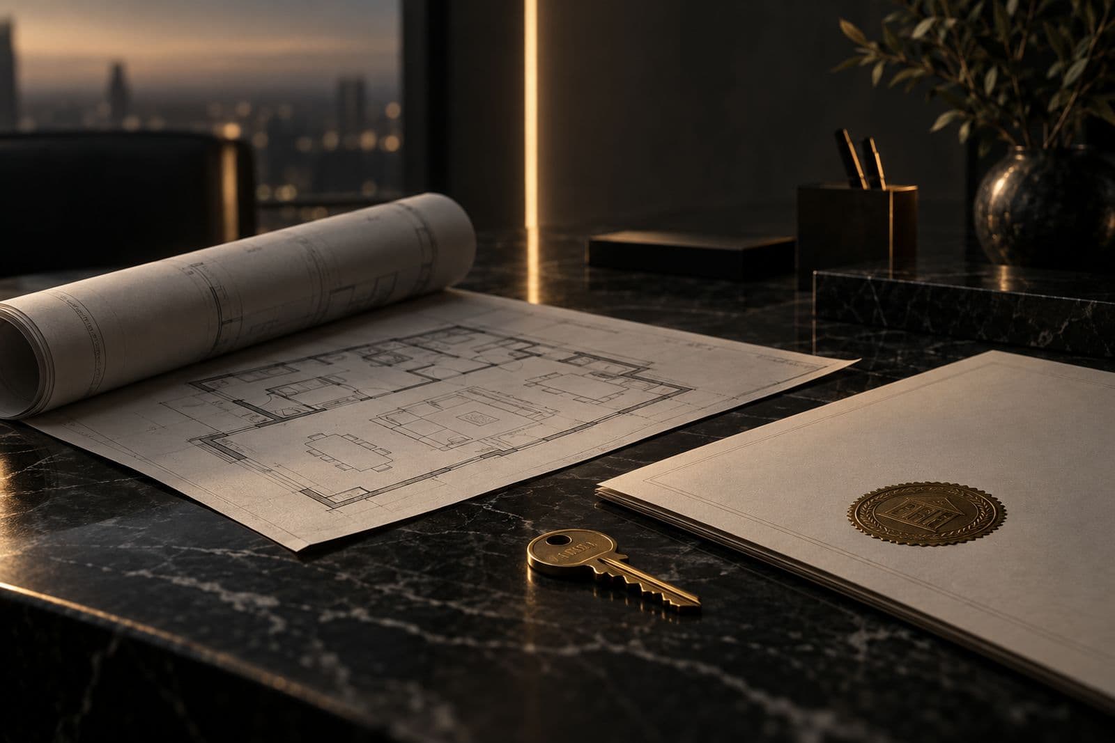 Escritorio con planos y documentos