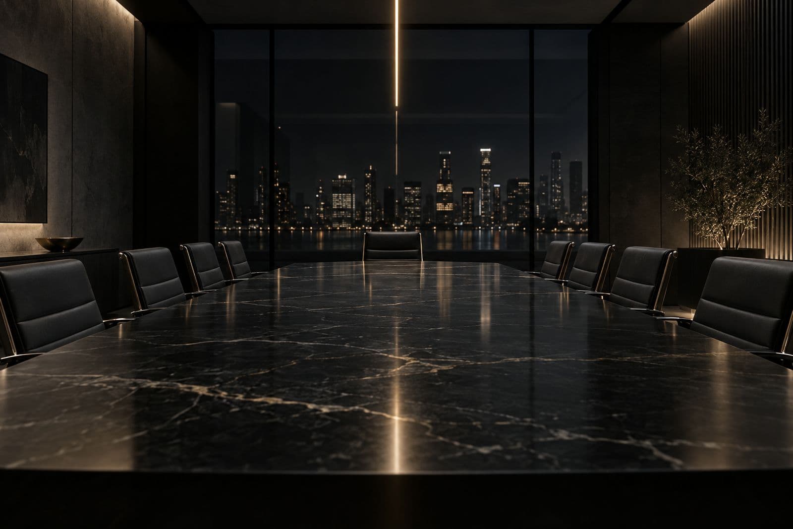 Sala de juntas moderna de noche con vista a la ciudad